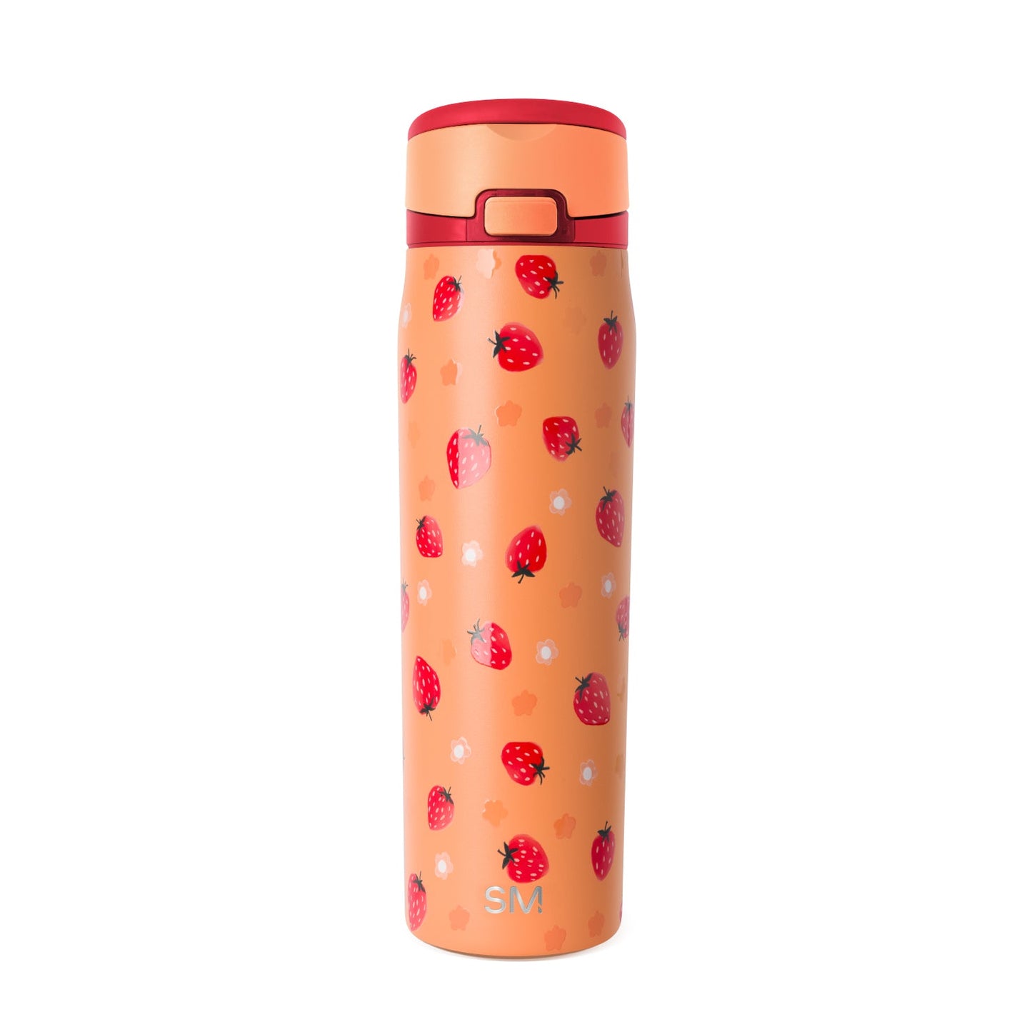 Peachy-coral cylindrical tumbler with deep crimson red lid and band, featuring red strawberries in the design.