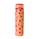 Peachy-coral cylindrical tumbler with deep crimson red lid and band, featuring red strawberries in the design.