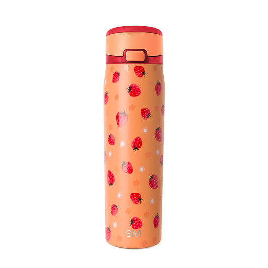 Peachy-coral cylindrical tumbler with deep crimson red lid and band, featuring red strawberries in the design.