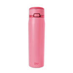 Soft pink tumbler with darker rose-colored lid and hardware for contrast, featuring functional design elements for beverage containment and portability.