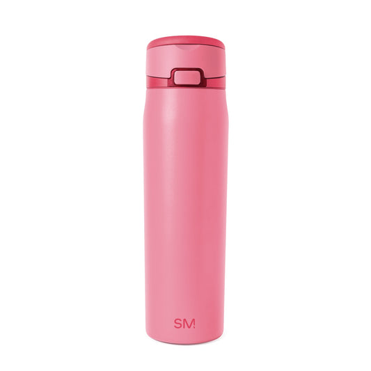 Soft pink tumbler with darker rose-colored lid and hardware for contrast, featuring functional design elements for beverage containment and portability.