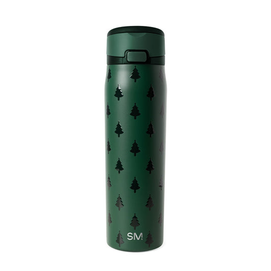 Forest green water bottle with black tree design and lid, displayed against neutral background