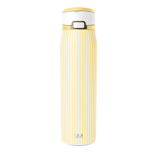 Pale yellow and white striped water bottle with golden-yellow lid, white top and bottom sections