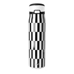 Black and white checkered water bottle with vertical stripe pattern, featuring a bold high-contrast checkerboard design on the bottle body.