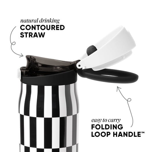 Black and white checkered tumbler with lid and straw, featuring bold geometric pattern with equal black and white squares in high-contrast design.
