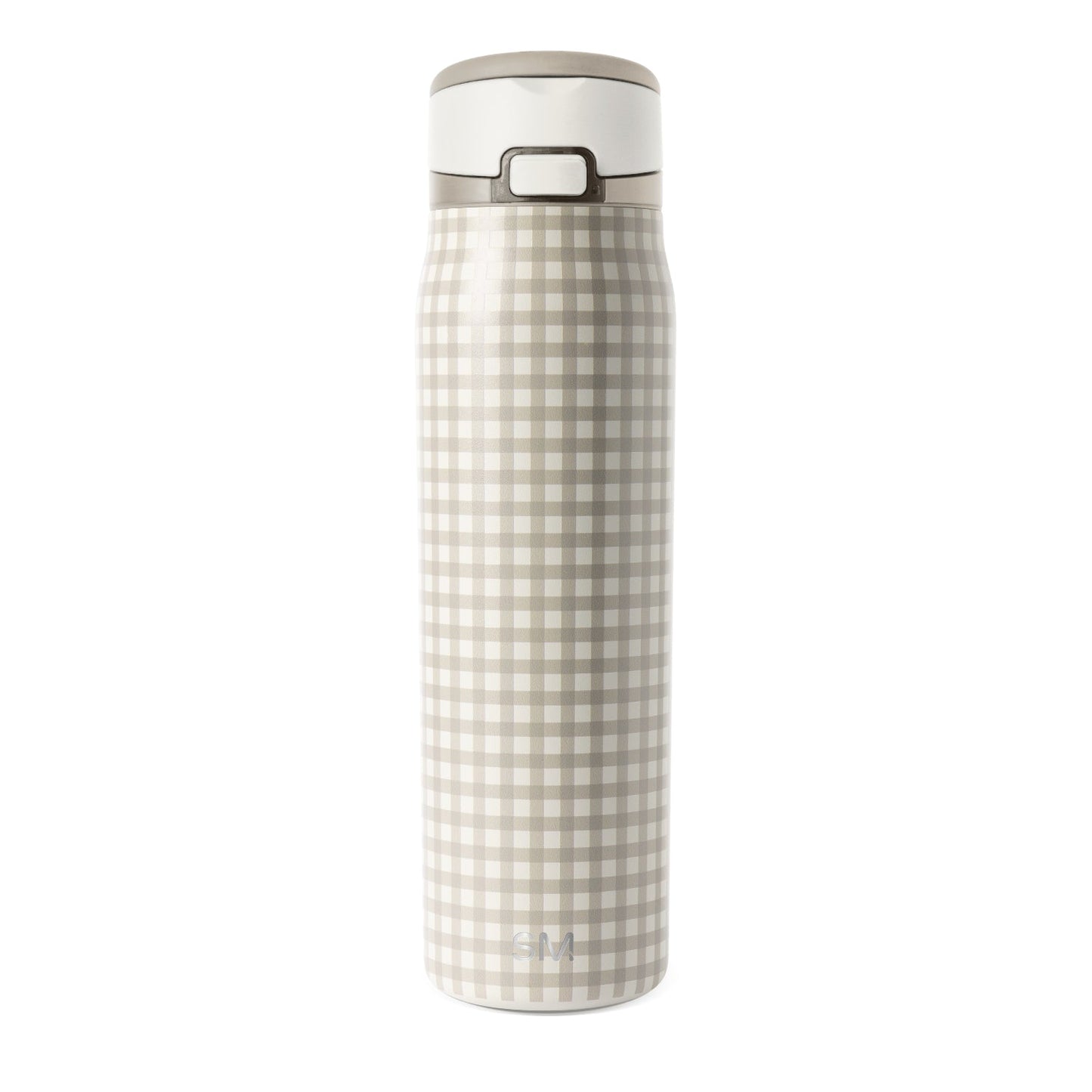 Beige and cream insulated water bottle with white lid and cap