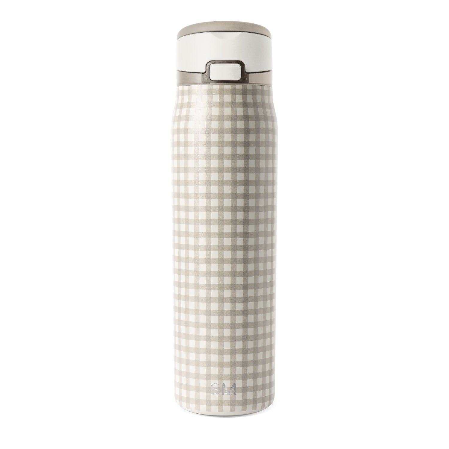 Beige and cream insulated water bottle with white lid and cap