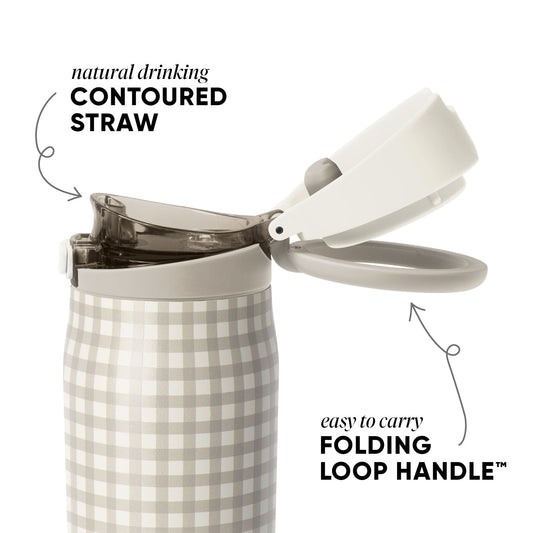 Warm beige and cream gingham check tumbler with matching lid and straw, featuring a soft neutral color palette