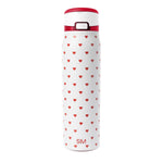 White cylindrical vessel with red accents and trim design