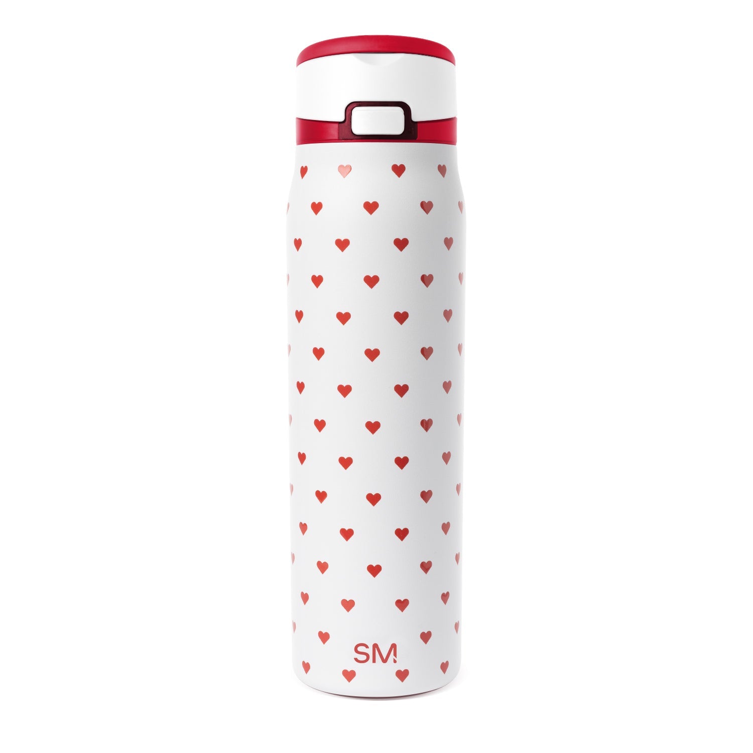 White cylindrical vessel with red accents and trim design