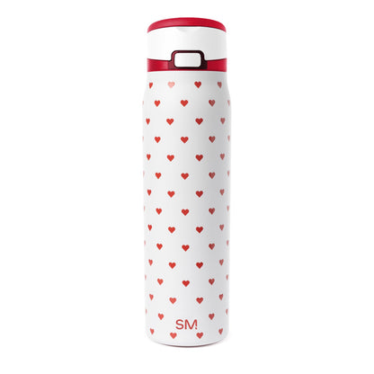 White cylindrical vessel with red accents and trim design