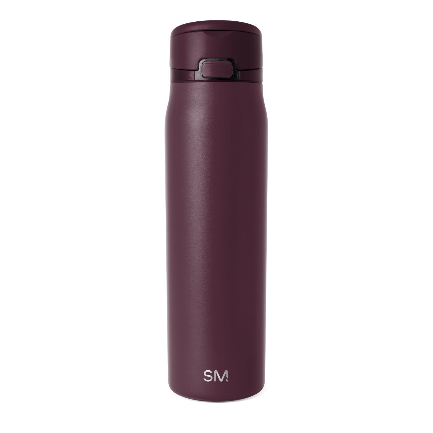 Deep burgundy insulated water bottle with matte finish and matching cap accent, shown against white background