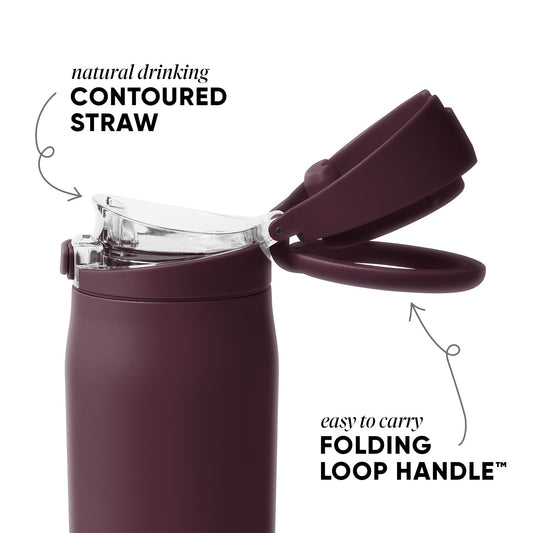 Deep burgundy tumbler with lid and folding handle, clear glass interior with ice, white background