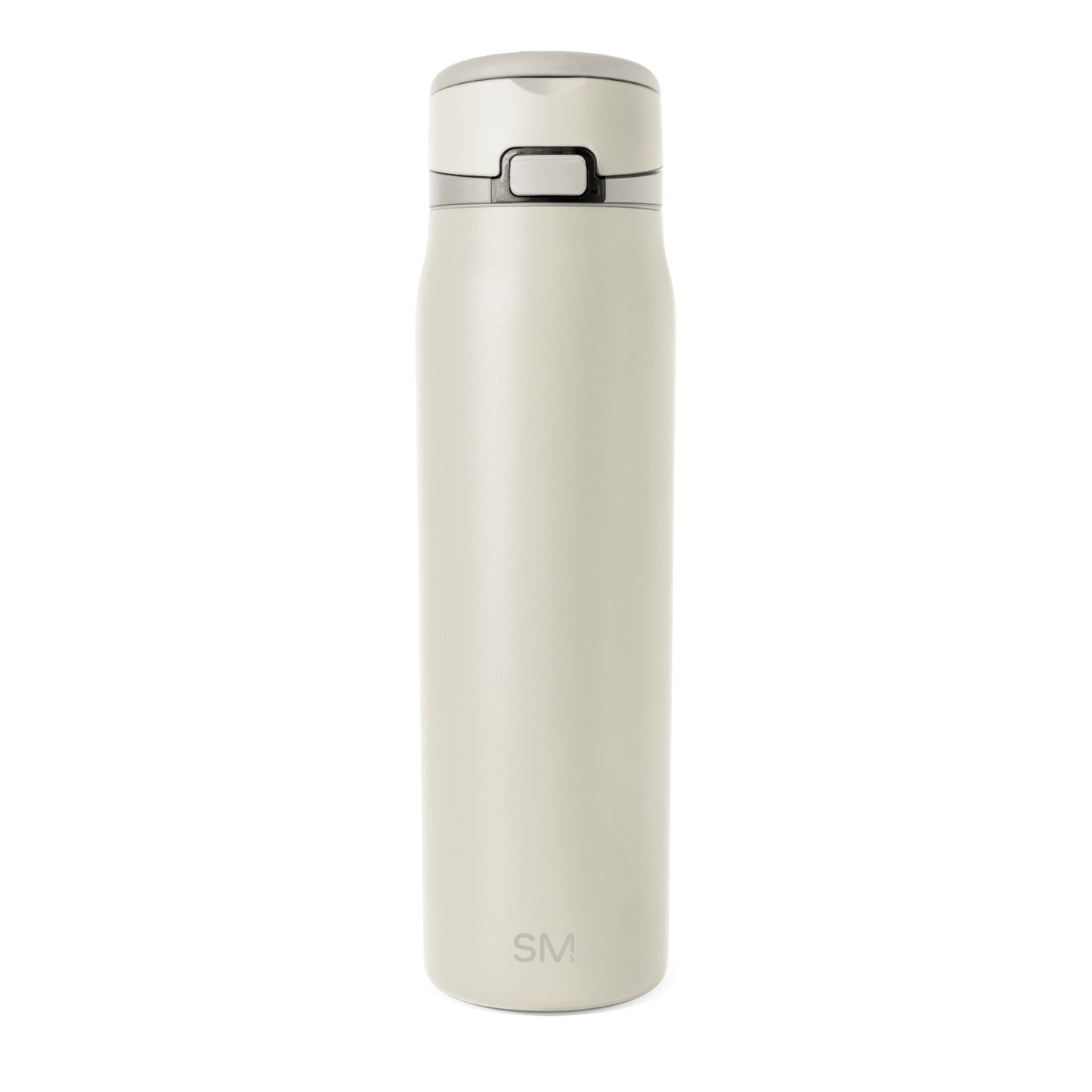 Cream-colored water bottle with gray charcoal lid and band accents, displayed against a neutral background