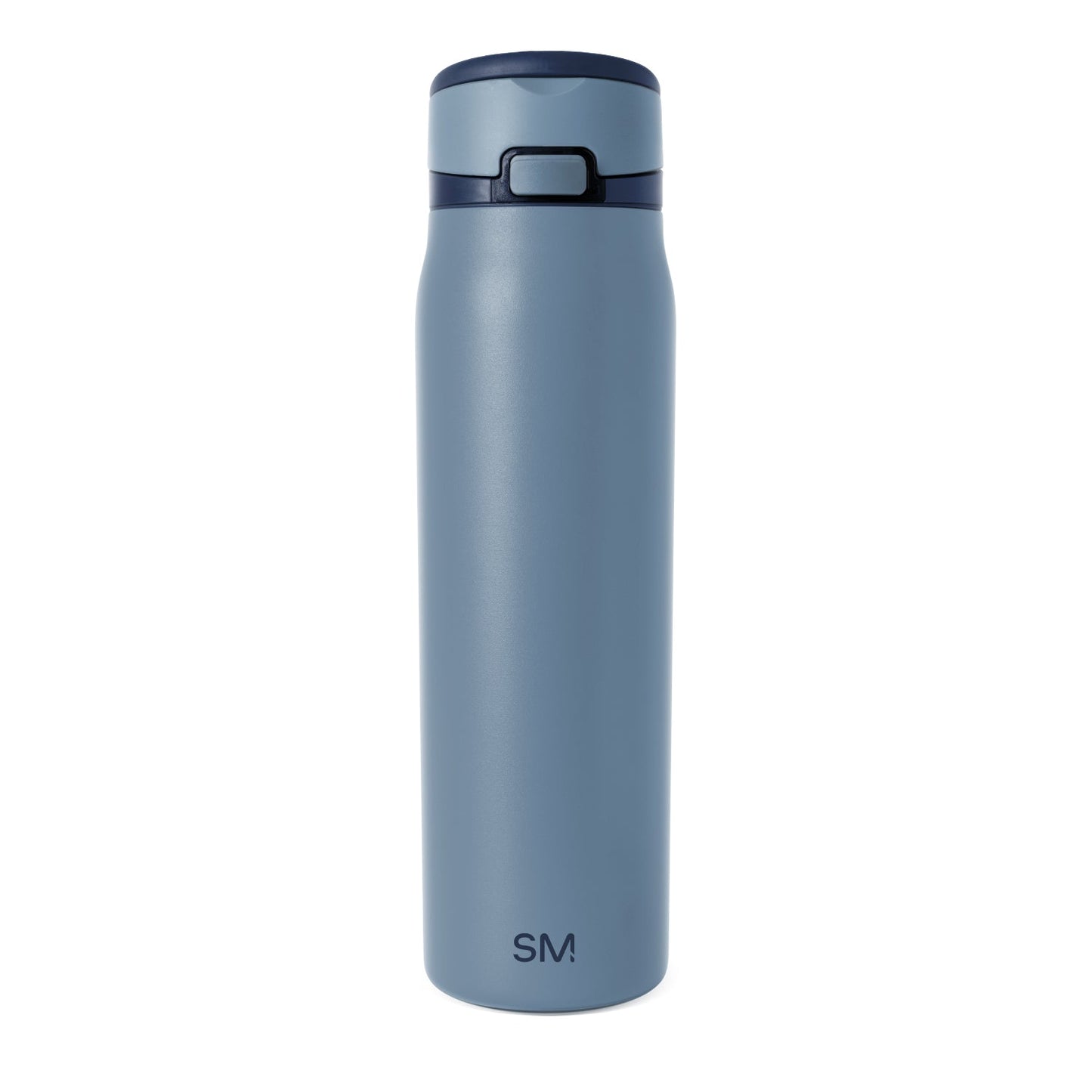 Small insulated travel bottle with grayish-blue matte finish, featuring a matching lid and accent band for a minimalist design.