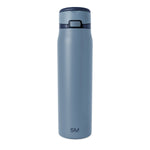 Small insulated travel bottle with grayish-blue matte finish, featuring a matching lid and accent band for a minimalist design.