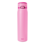 Vibrant pink insulated bottle with magenta lid and handle on white background