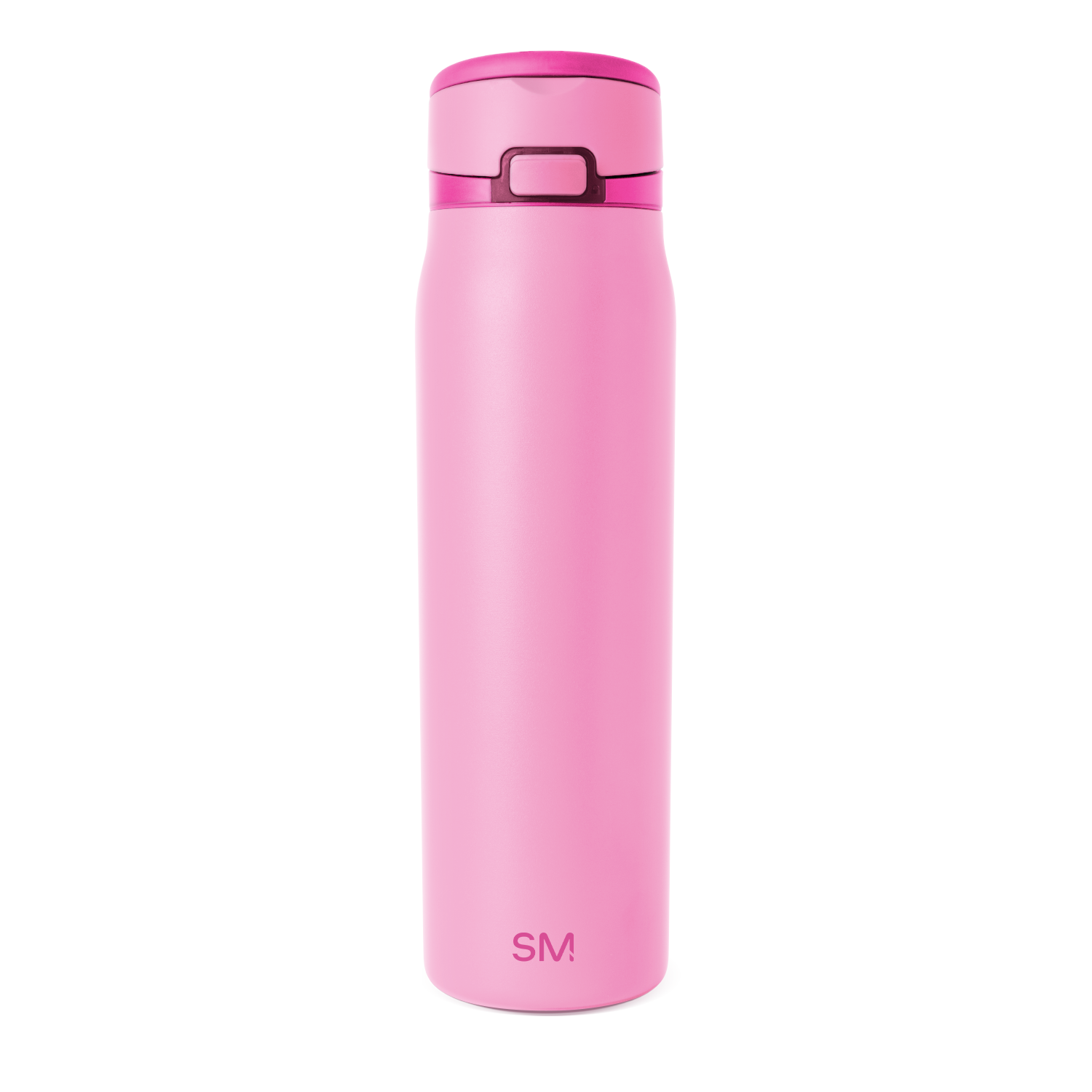 Vibrant pink insulated bottle with magenta lid and handle on white background