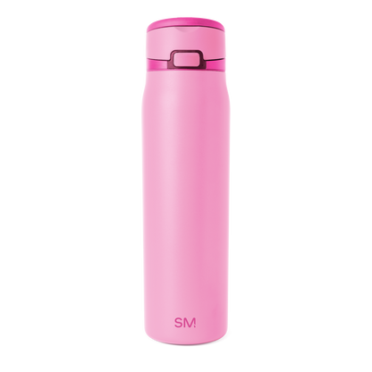 Vibrant pink insulated bottle with magenta lid and handle on white background