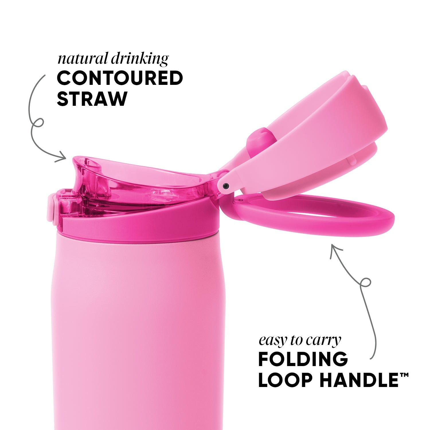 Pink tumbler with soft pastel body, hot pink lid and straw, set against white background