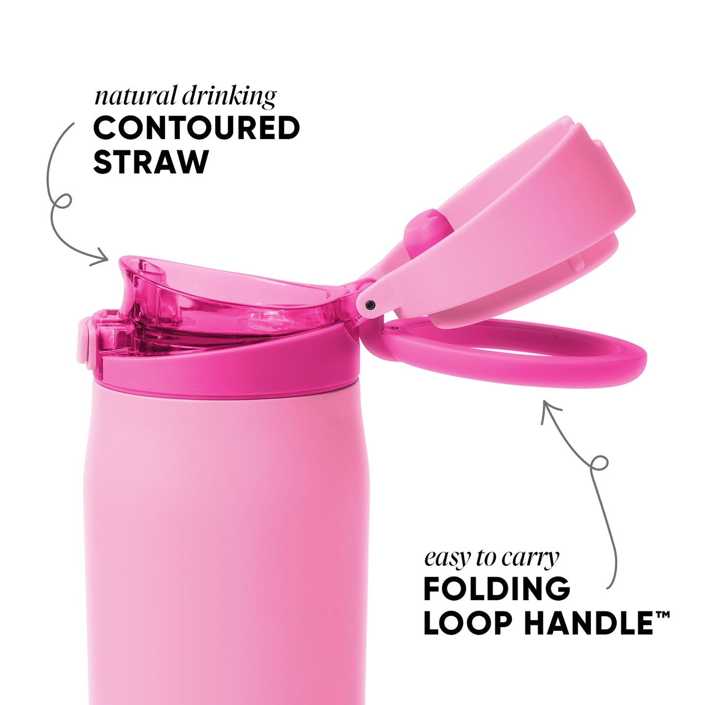Pink tumbler with soft pastel body, hot pink lid and straw, set against white background