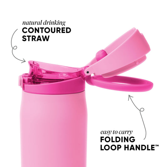 Pink tumbler with soft pastel body, hot pink lid and straw, set against white background