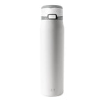 White insulated tumbler with gray lid on plain background