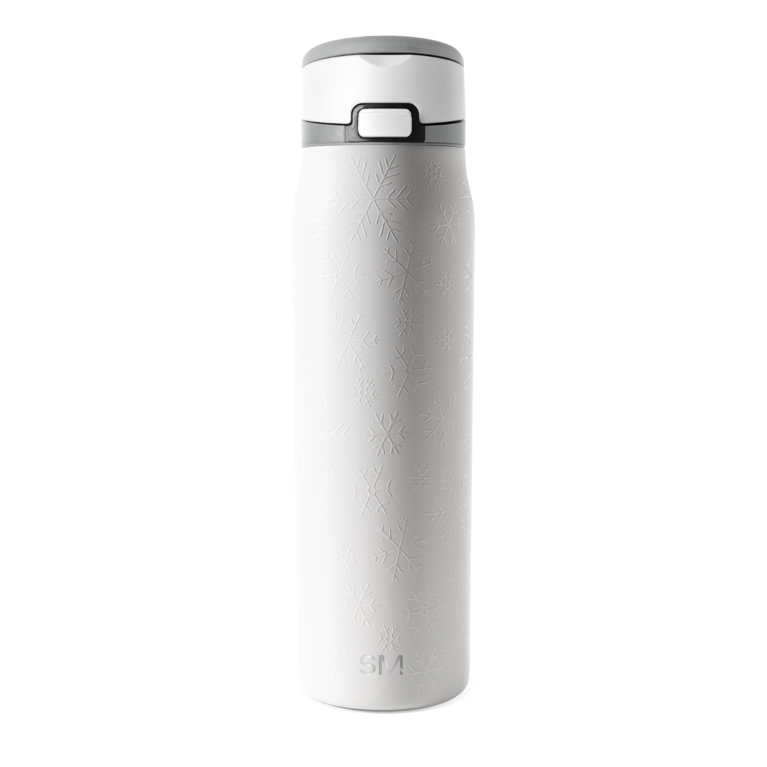 White insulated tumbler with gray lid on plain background