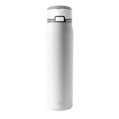 White insulated tumbler with gray lid on plain background