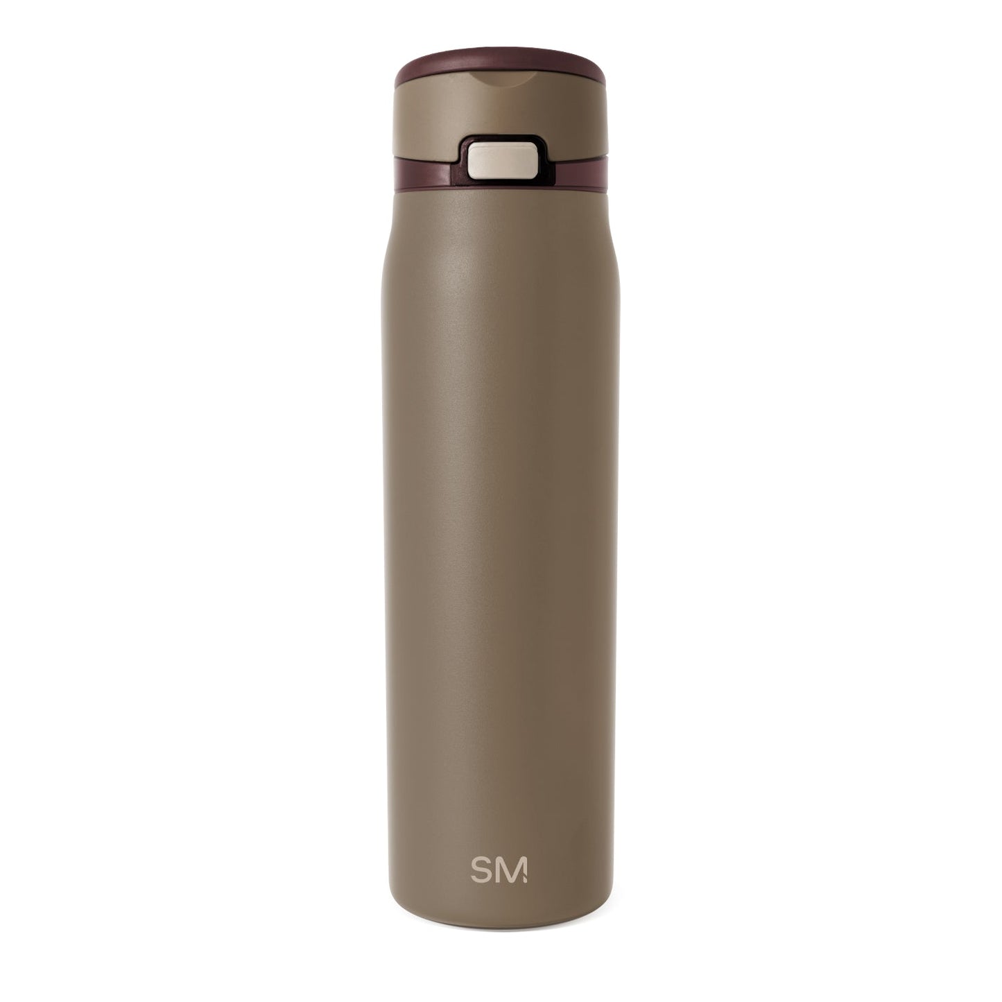 Tall stainless steel water bottle with matte taupe finish and smooth tapered cylindrical shape, centered on white background, featuring a cap at the top.