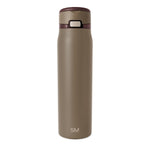 Tall stainless steel water bottle with matte taupe finish and smooth tapered cylindrical shape, centered on white background, featuring a cap at the top.