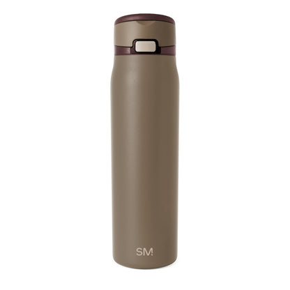 Tall stainless steel water bottle with matte taupe finish and smooth tapered cylindrical shape, centered on white background, featuring a cap at the top.