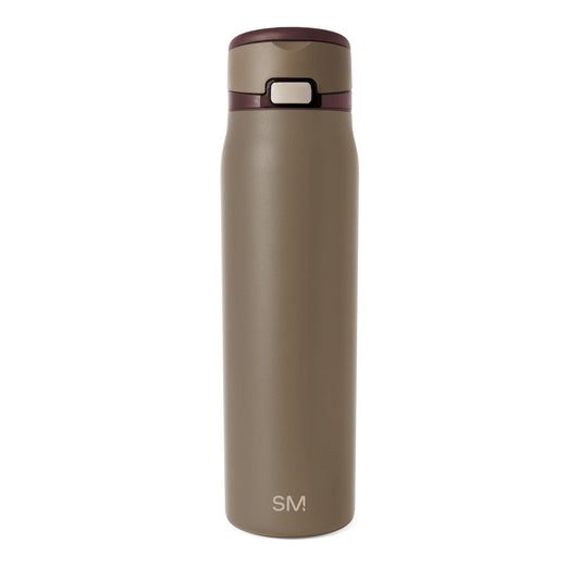 Tall stainless steel water bottle with matte taupe finish and smooth tapered cylindrical shape, centered on white background, featuring a cap at the top.