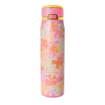 Pink insulated water bottle with floral botanical print in coral, peach, and green tones, featuring yellow rim, flip-top lid with handle, and Simple Modern logo.