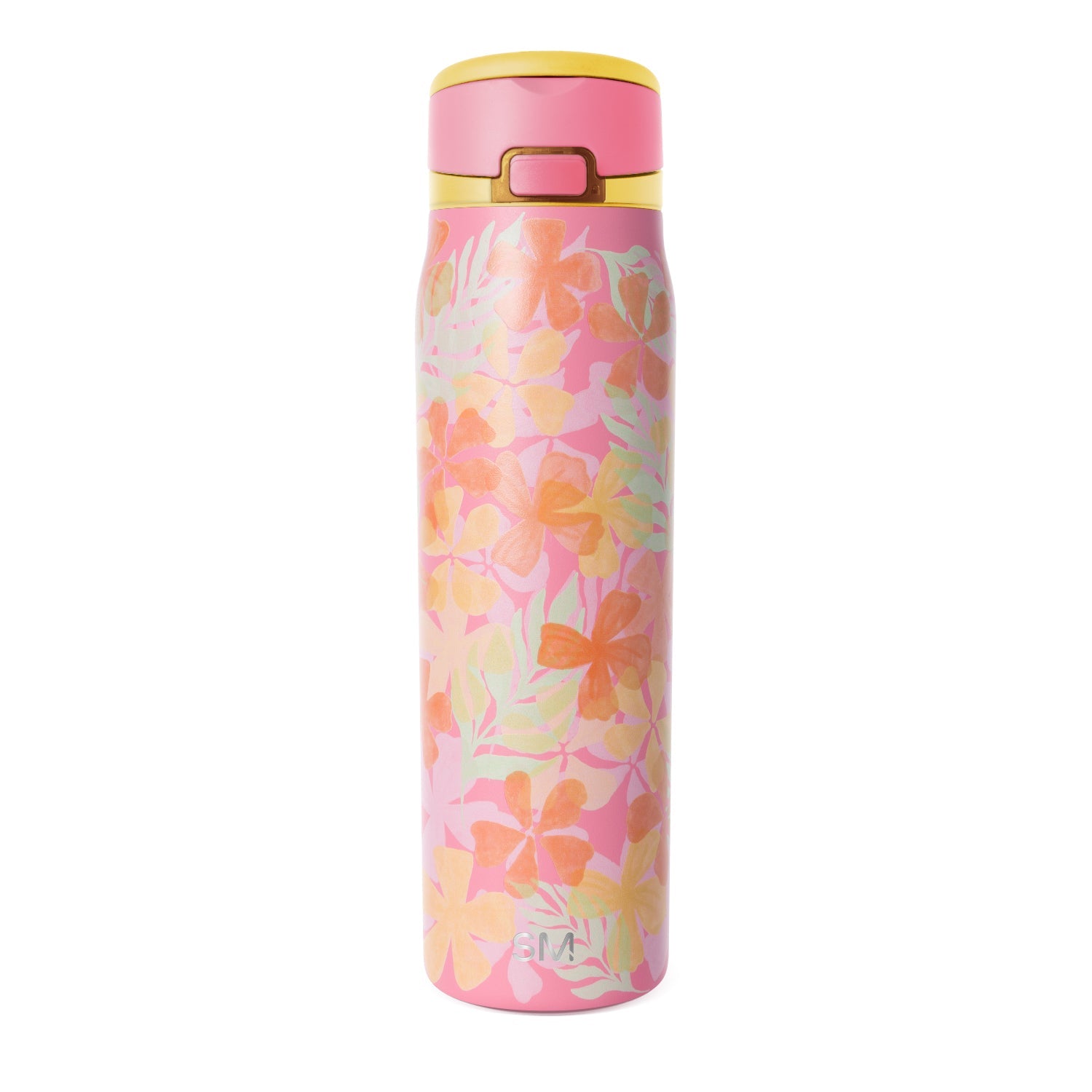 Pink insulated water bottle with floral botanical print in coral, peach, and green tones, featuring yellow rim, flip-top lid with handle, and Simple Modern logo.