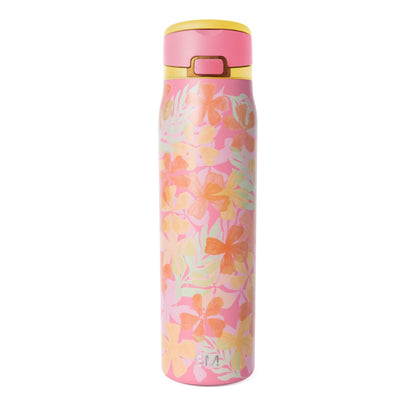 Pink insulated water bottle with floral botanical print in coral, peach, and green tones, featuring yellow rim, flip-top lid with handle, and Simple Modern logo.