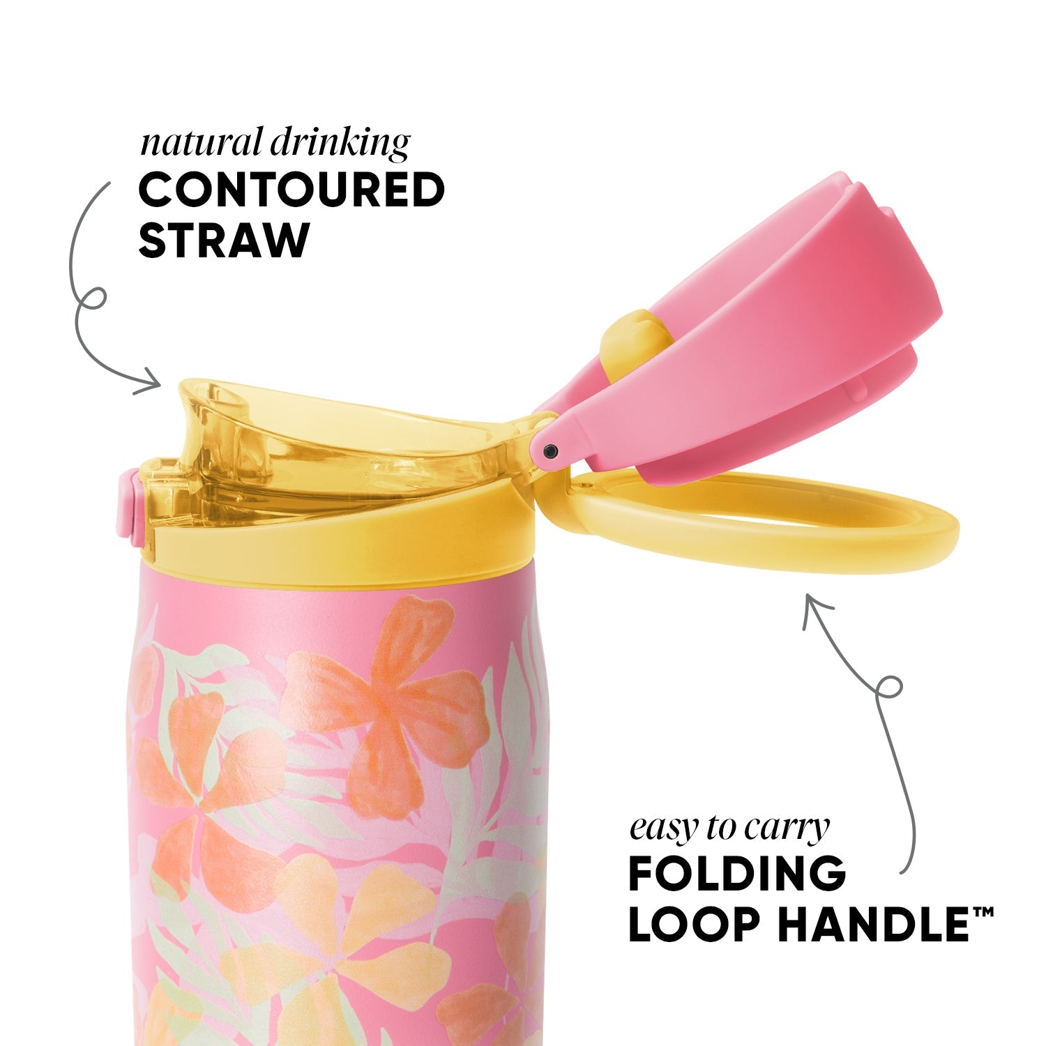 Pink 30-ounce tumbler with folding loop handle and natural contoured straw. Features pale yellow rim band and floral design. Easy-to-carry drinkware with Simple Modern branding.