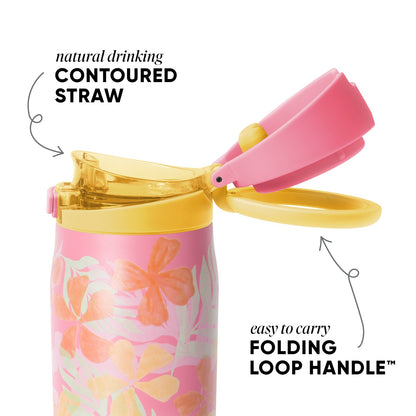 Pink 30-ounce tumbler with folding loop handle and natural contoured straw. Features pale yellow rim band and floral design. Easy-to-carry drinkware with Simple Modern branding.