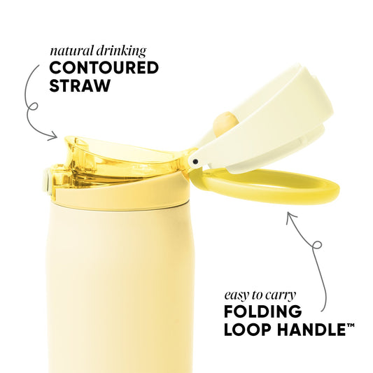 Simple Modern 30-ounce pale yellow insulated tumbler with gold-toned lid, natural wood contoured straw, and bright yellow folding loop handle on white background.