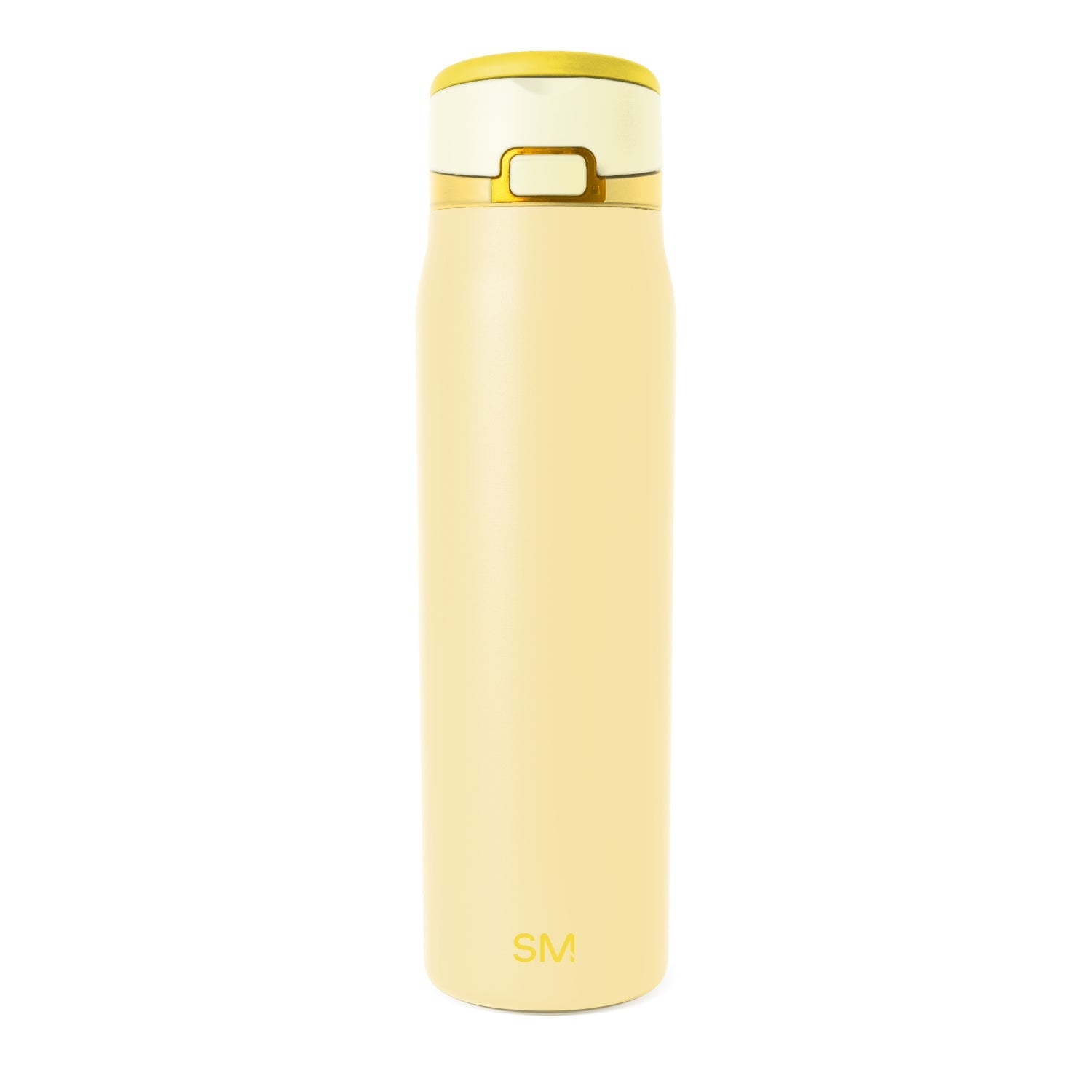 Cream-colored insulated water bottle with gold-tone cap and carry loop, featuring Simple Modern SM logo, shown against white background.