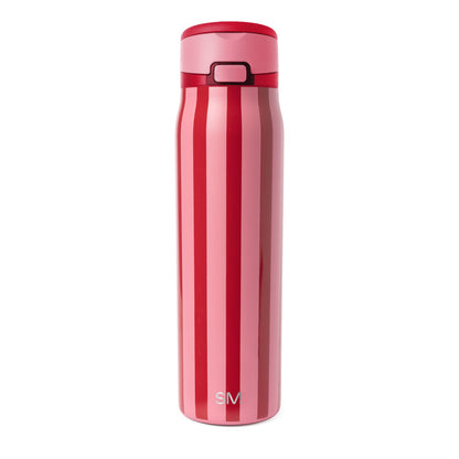 Tall stainless steel tumbler with pink and red vertical stripe gradient pattern