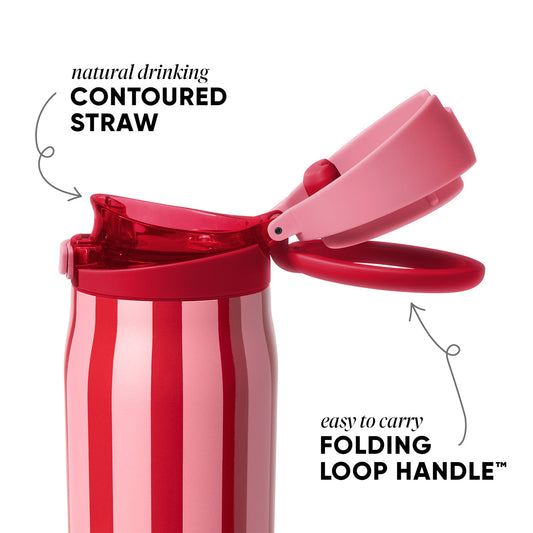 Red and pink insulated water bottle with crimson lid, matching straw, and handle mechanism, displayed against a light background showing product design details.
