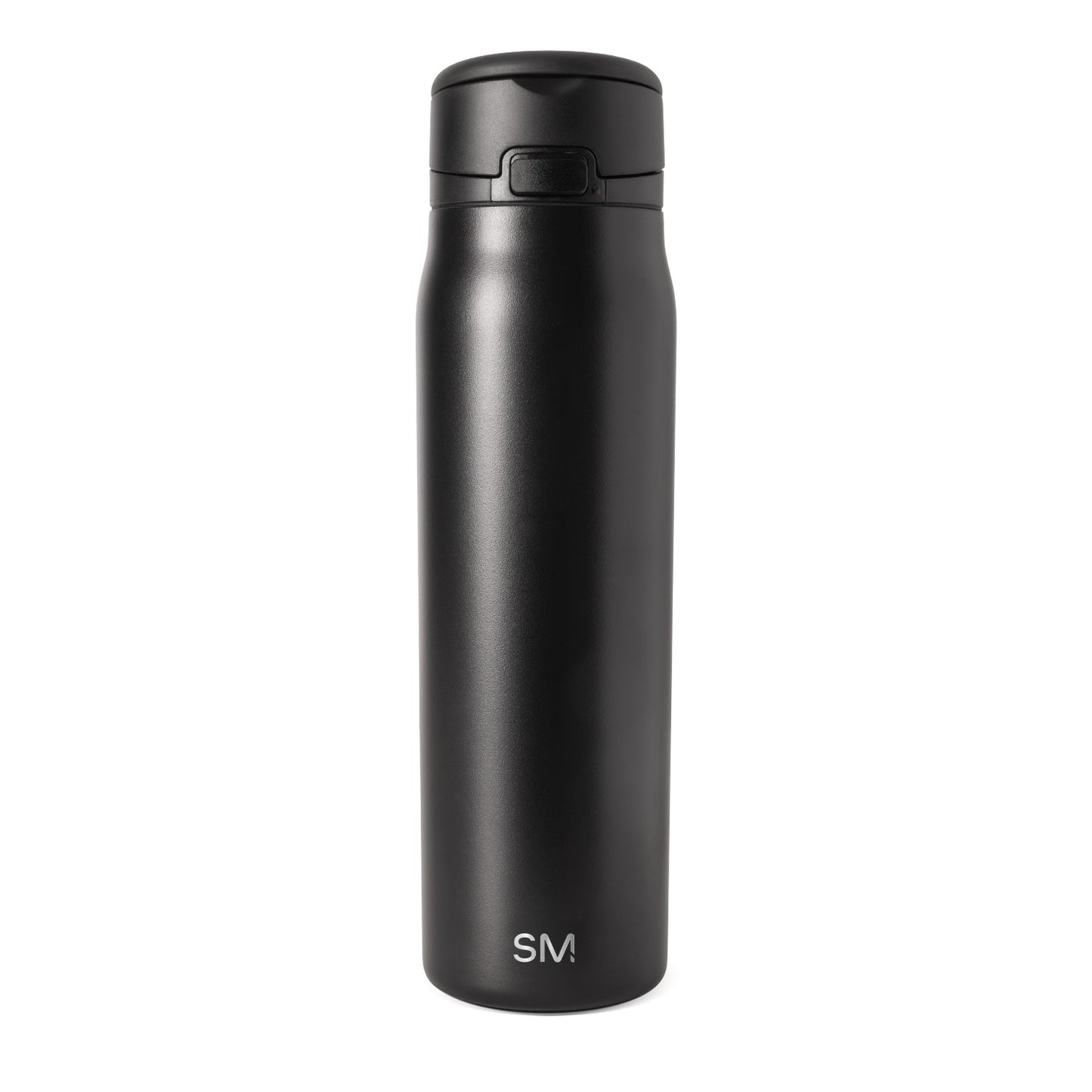 Matte black bottle with SM logo in silver on white background