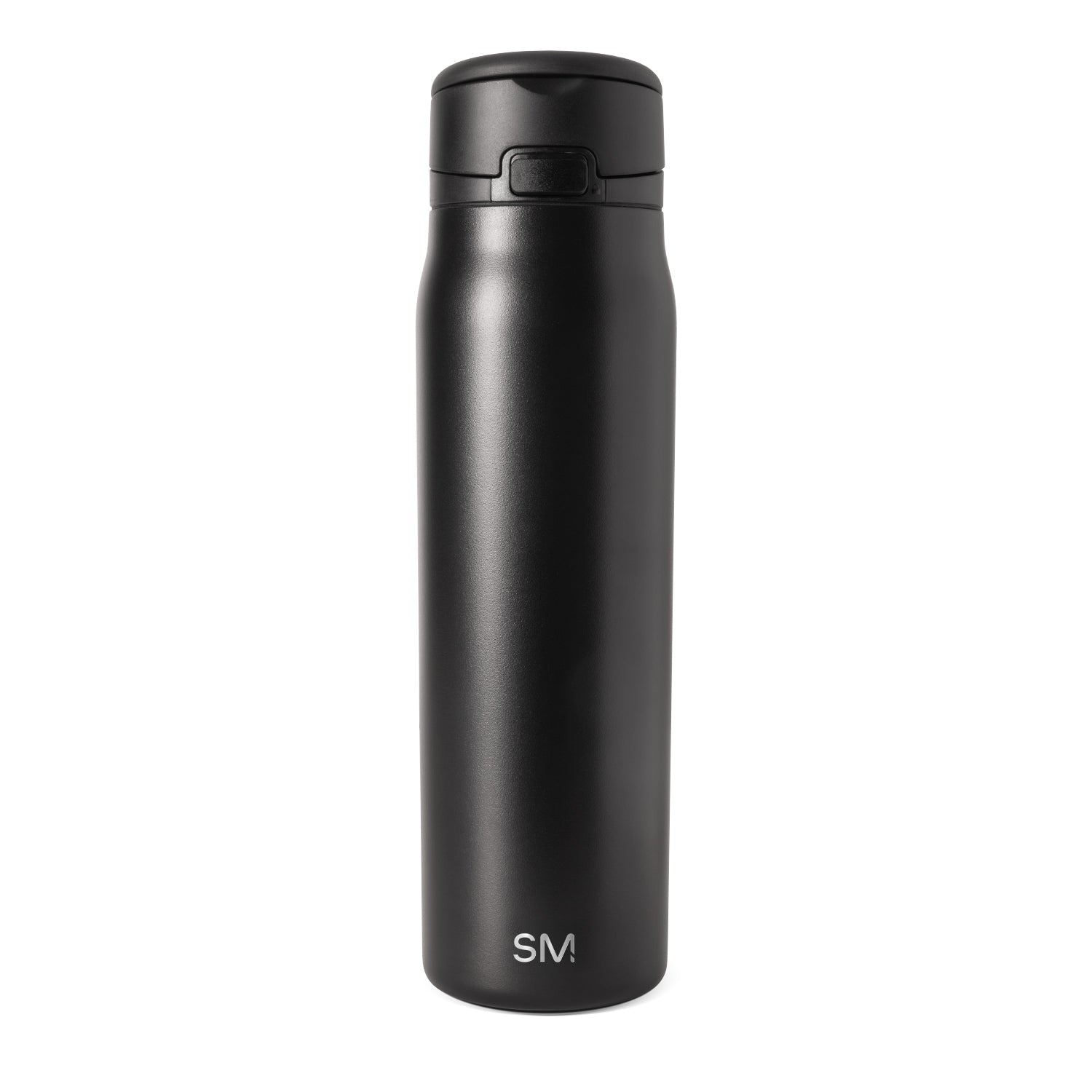 Matte black bottle with SM logo in silver on white background