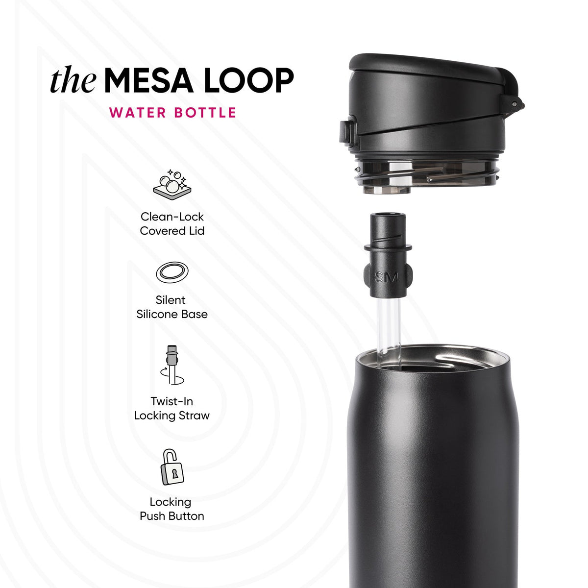 Mesa Loop water bottle by Simple Modern shown in matte black with curved carrying loop lid, matching straw, and clear base ring. Four feature icons displayed: Clean-Lock Covered Lid, Silent Silicone Base, Twist-In Locking