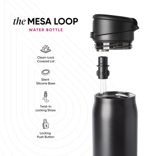 Matte black water bottle with components displayed against white background, showing clean minimal design with black, white, and gray tones.