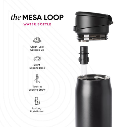 Matte black water bottle with components displayed against white background, showing clean minimal design with black, white, and gray tones.