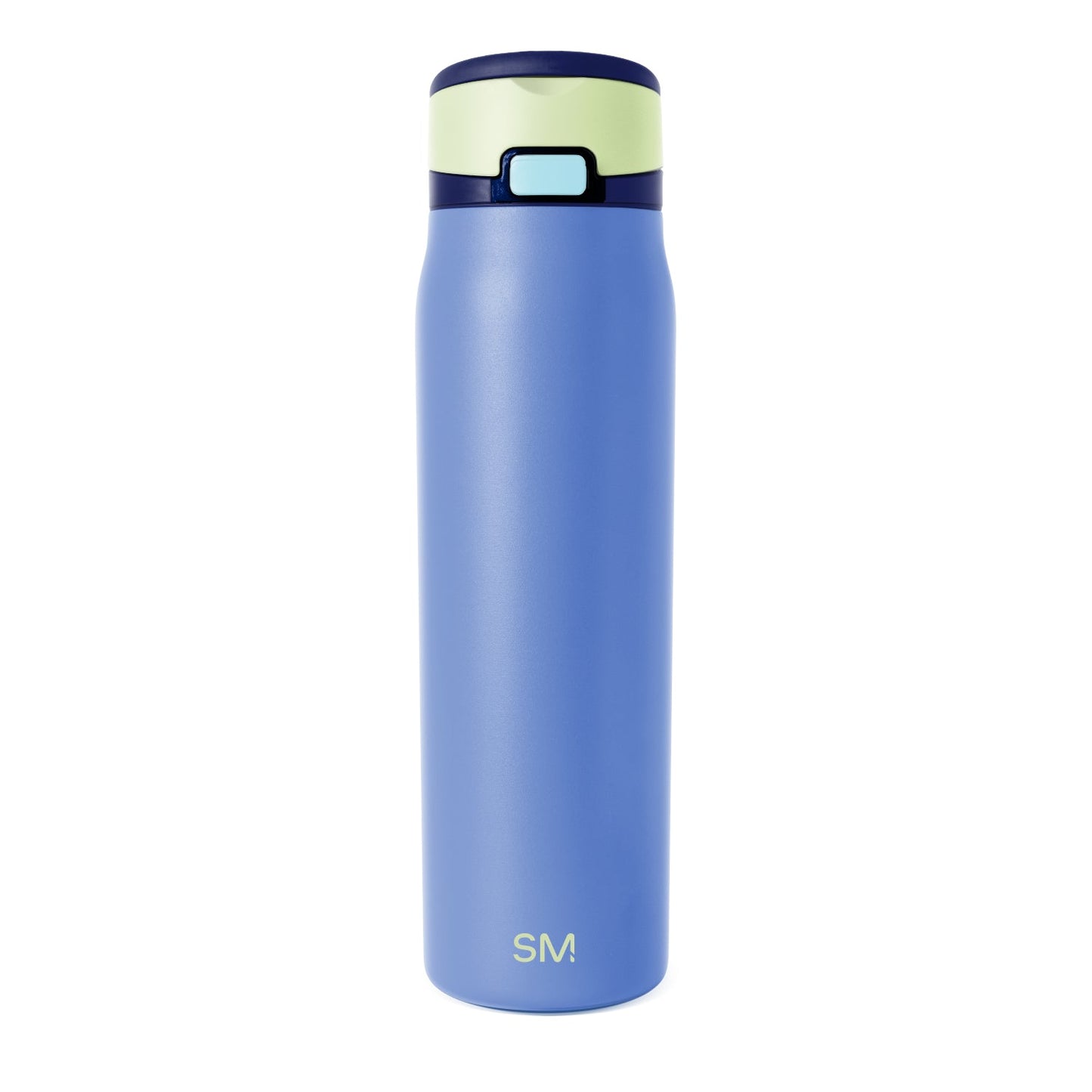 Periwinkle blue insulated tumbler with pale sage green upper lid band and dark navy blue lower lid band