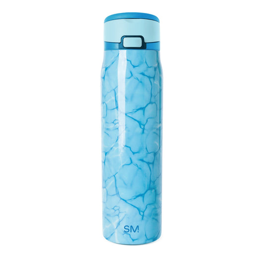 Blue stainless steel water bottle with flip-top cap and aquatic pattern design, featuring darker blue water-inspired shapes on light blue gradient background, Simple Modern SM logo visible on front.