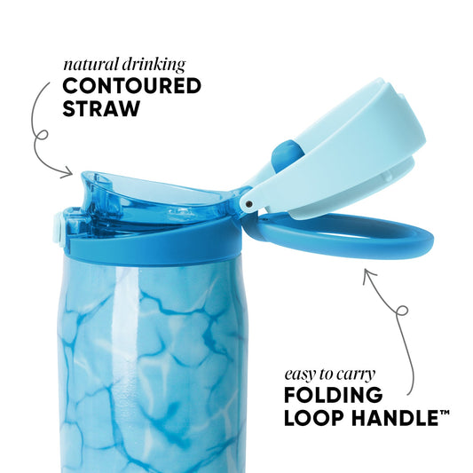 Blue Simple Modern drinkware cup with lid removed, showing contoured translucent straw and folding loop handle. Product features labeled on white background.